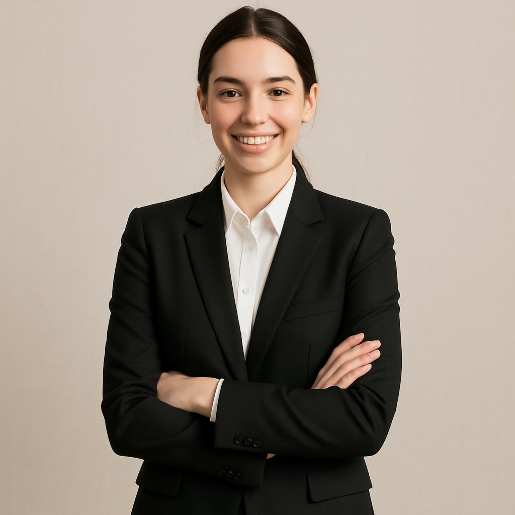 The woman has dark hair pulled back into a ponytail and is smiling directly at the camera, facing front. She is wearing a ...