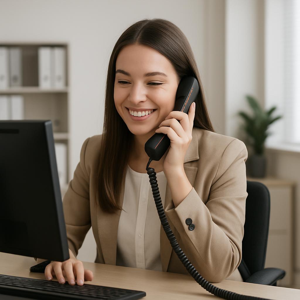 A young, professional woman, sitting at her desk in a beige suit, smiling while on a phone call, with captured in this 'Of...