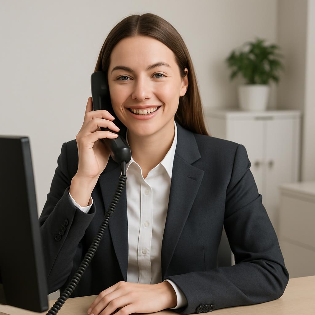 The alt text for the image is presumably: "Woman in business attire on the phone".