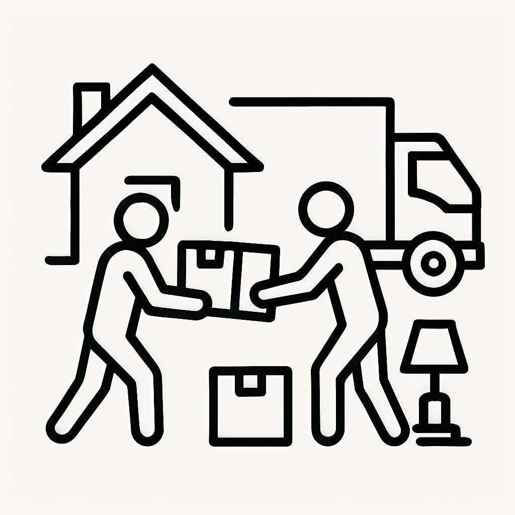 Two people moving a house with a two-piece furniture picture that includes a key-base lamp and furniture piece.