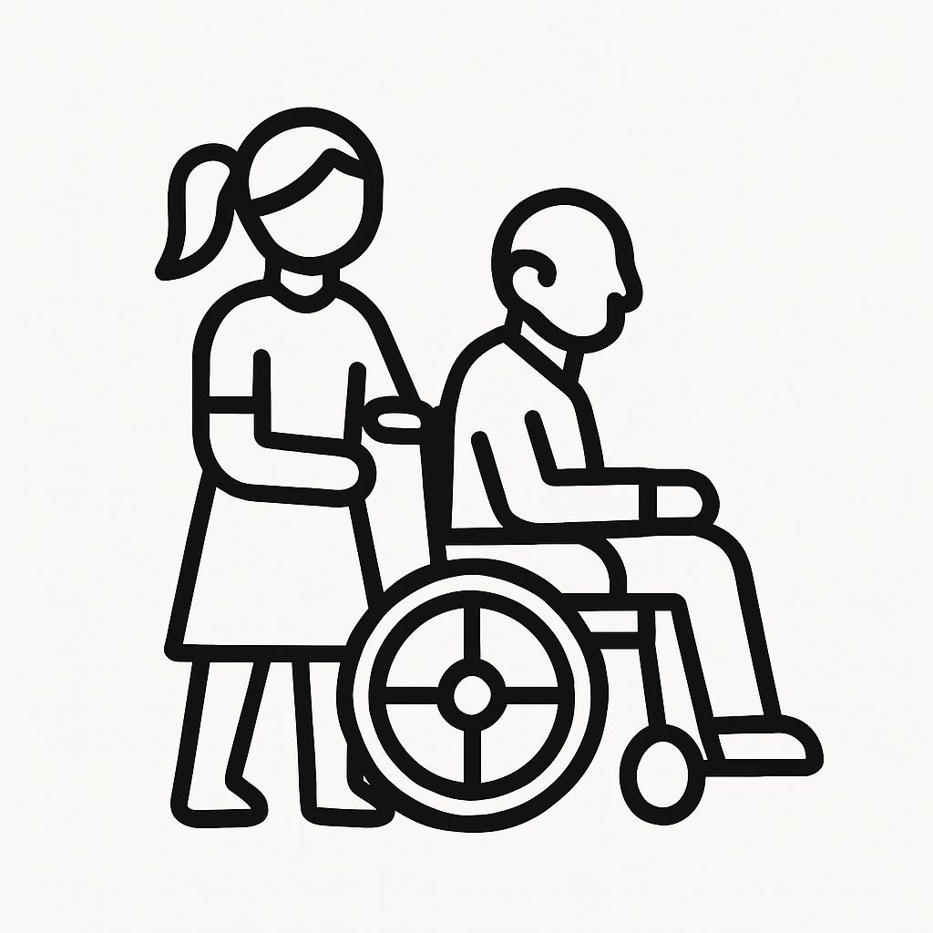 A partially illustrated man sitting in a wheelchair, and an illustrated woman's arm around him.