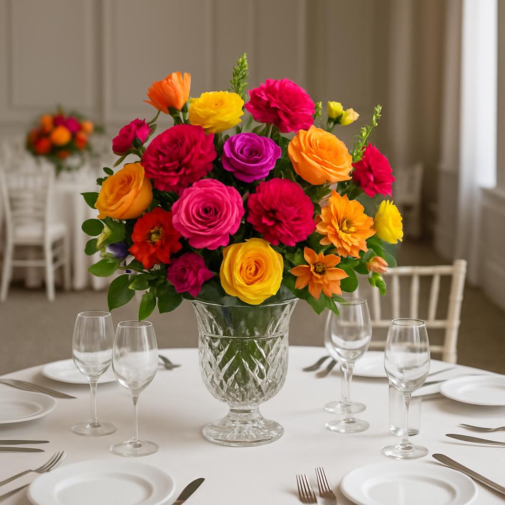 A round white table is set with four places, featuring a clear glass vase at the center. The arrangement inside the vase i...