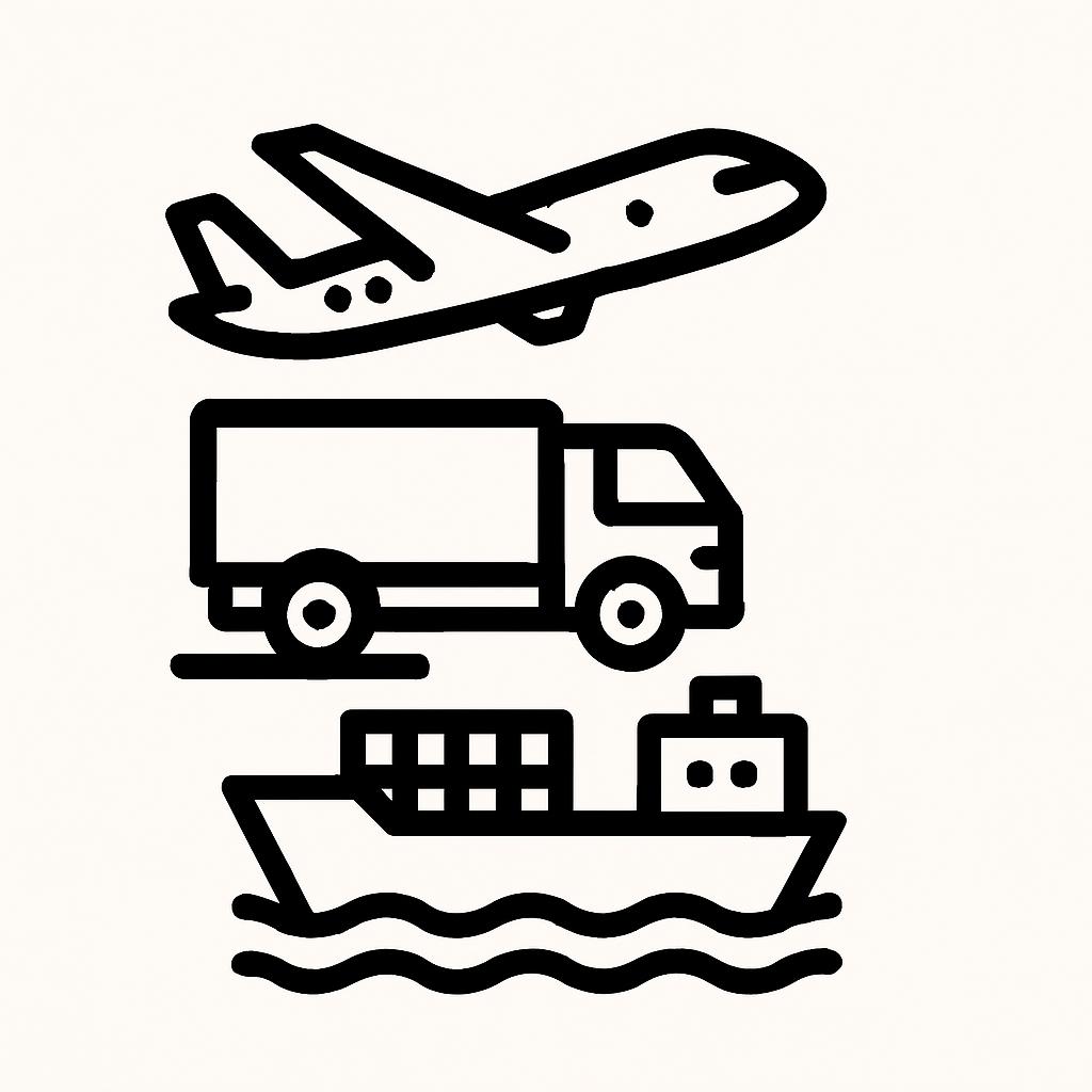 Three methods of transportation depicted: an airplane, delivery truck, and cargo ship.