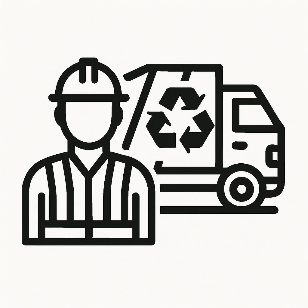 The worker and delivery van icon represents recycling.